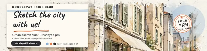 Doodlepath sketch club banner, corner cafe: sketch club linkedin banner template