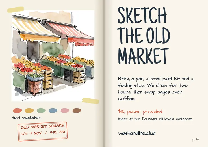 Wash and Line market sketch walk template