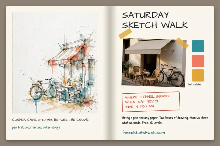 Fennel Square Saturday sketch walk postcard template
