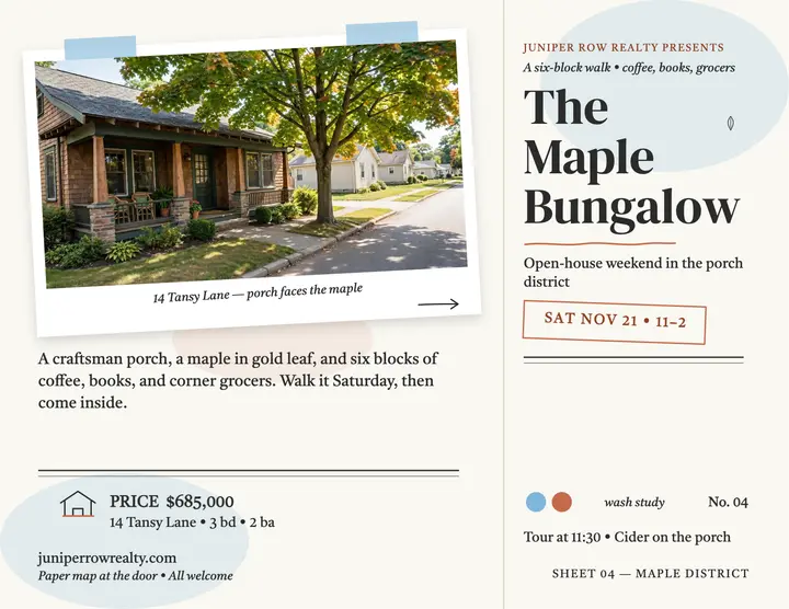 Maple bungalow open house flyer: open house flyer template