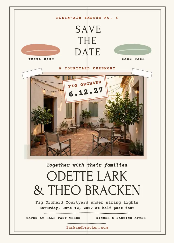 Sketched courtyard save-the-date, Odette and Theo template