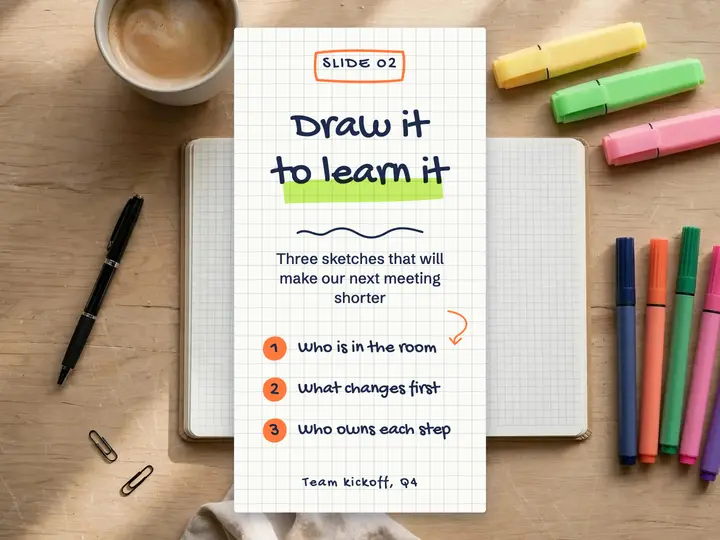 Draw it to learn it kickoff slide, sketchnote: team kickoff presentation slide template