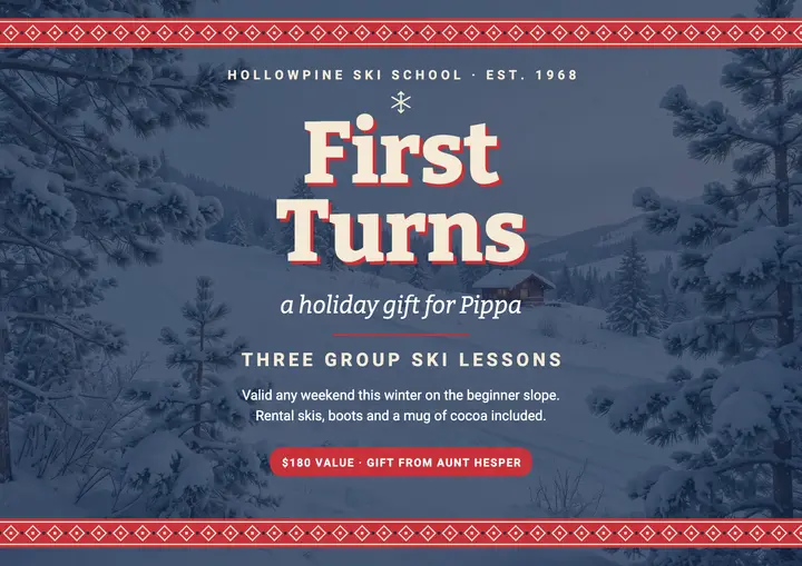 Hollowpine ski school holiday gift certificate template