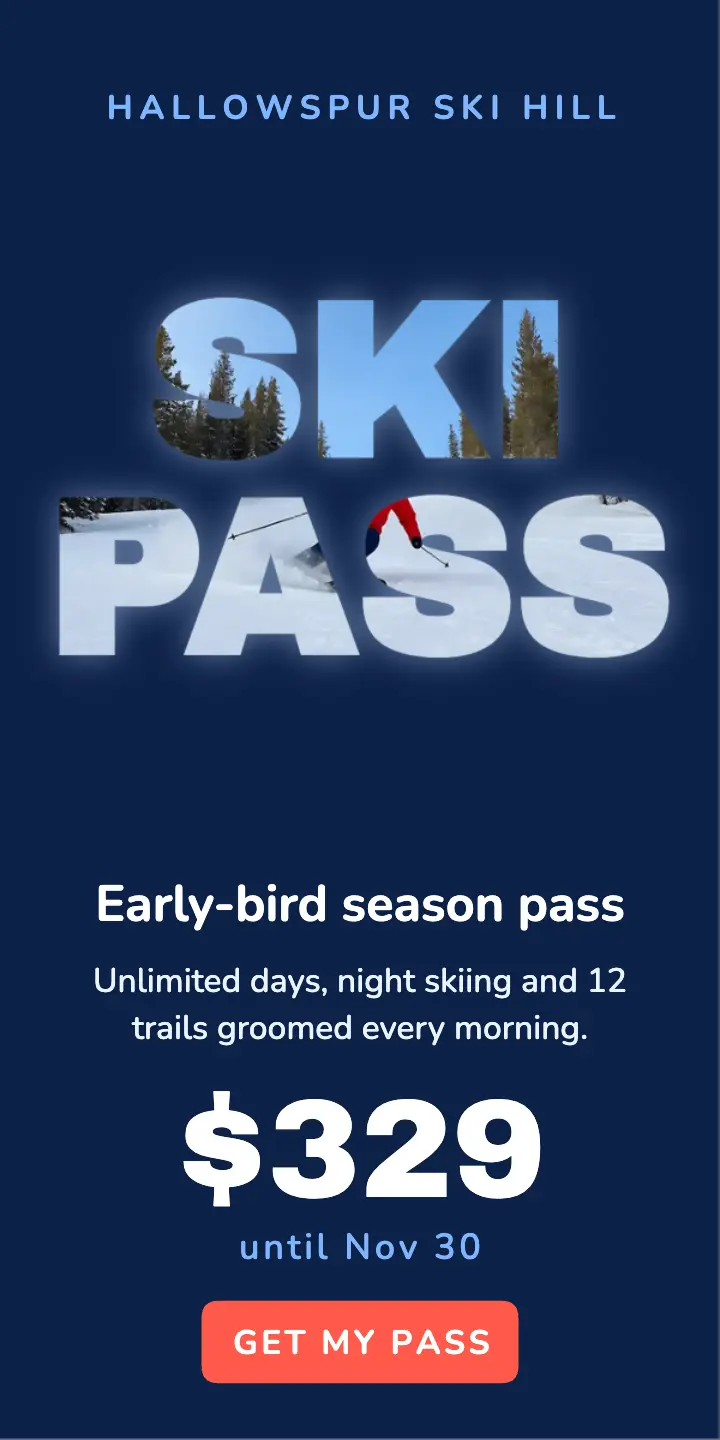 Early-bird ski pass ad, photo-fill letters template