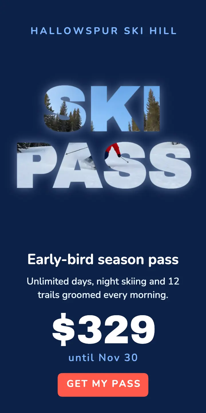 Early-bird ski pass ad, photo-fill letters template