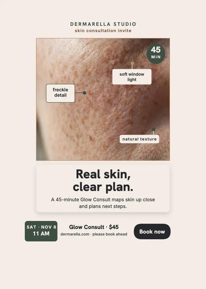 Dermarella Glow Consult invitation: skin consultation invitation template