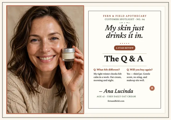 Fern and Field skincare Q&A spotlight: customer review certificate template