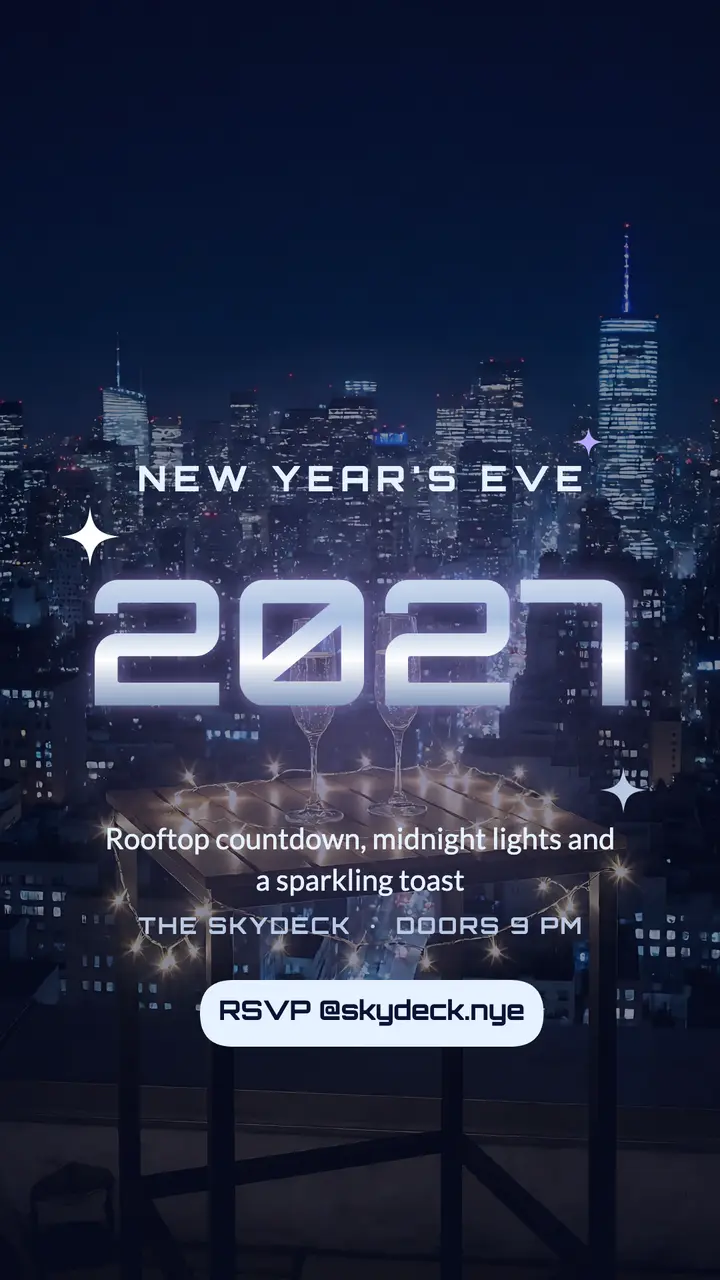 Skydeck New Year's Eve 2027 countdown story, Y2K chrome template