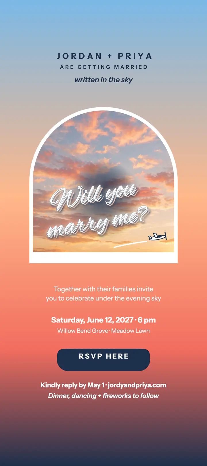 Jordan and Priya skywriting proposal invitation template