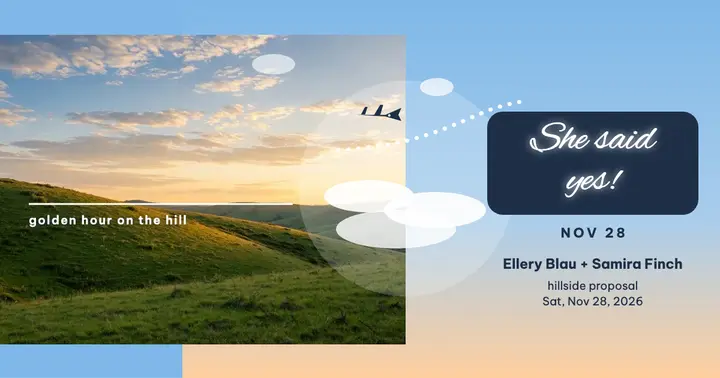 Ellery Blau and Samira Finch hillside proposal post: proposal facebook post template