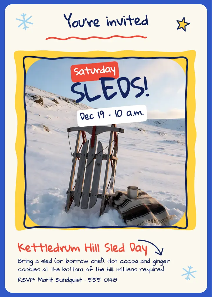 Kettledrum Hill sled day invitation, naive doodle template