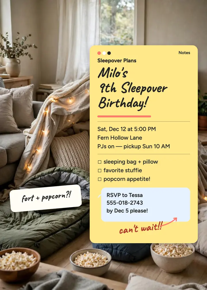 Milo sleepover notes birthday invite: sleepover birthday invitation template