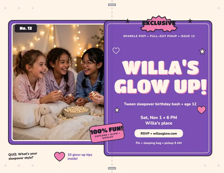 Willa Fern glow sleepover pinup flyer template