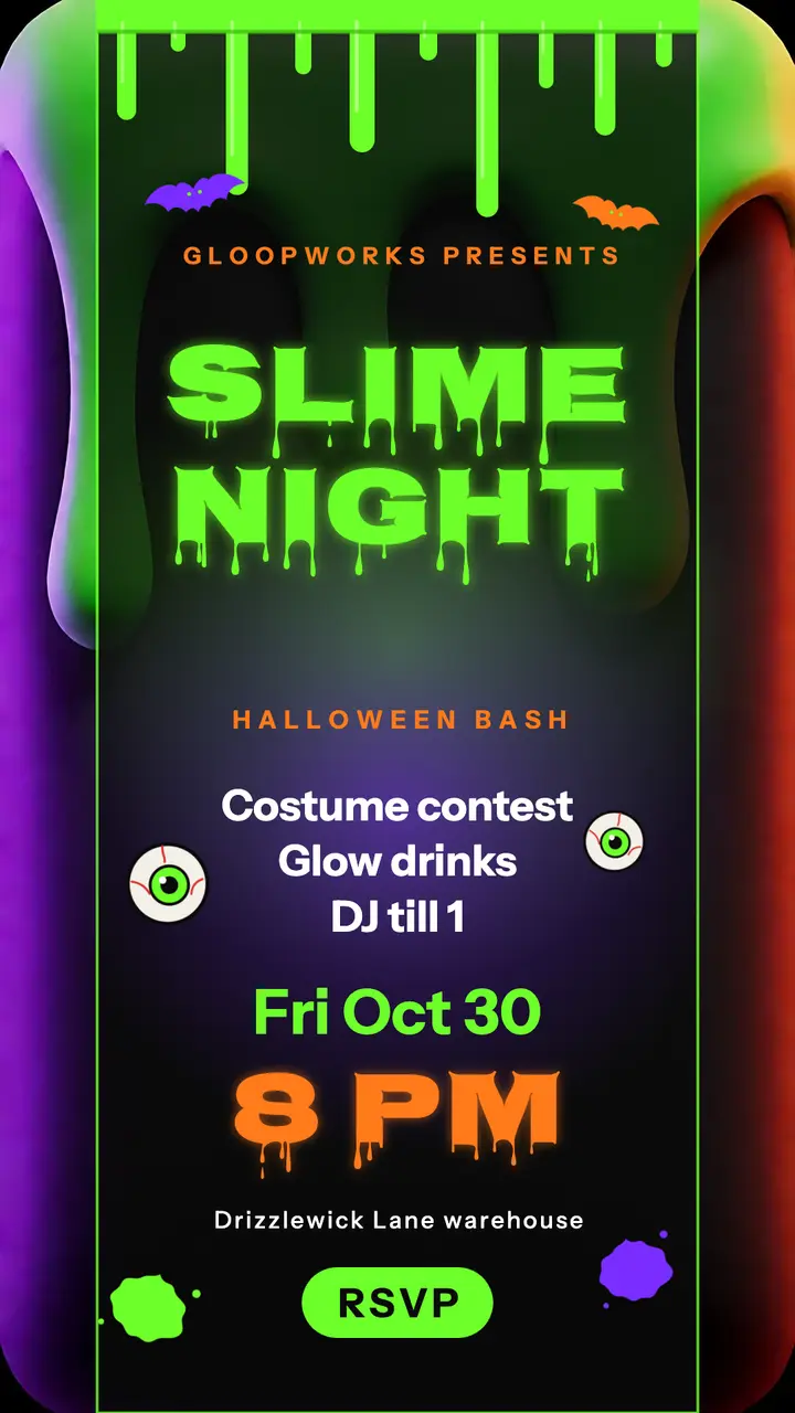 Gloopworks Slime Night costume party story, 90s slime template