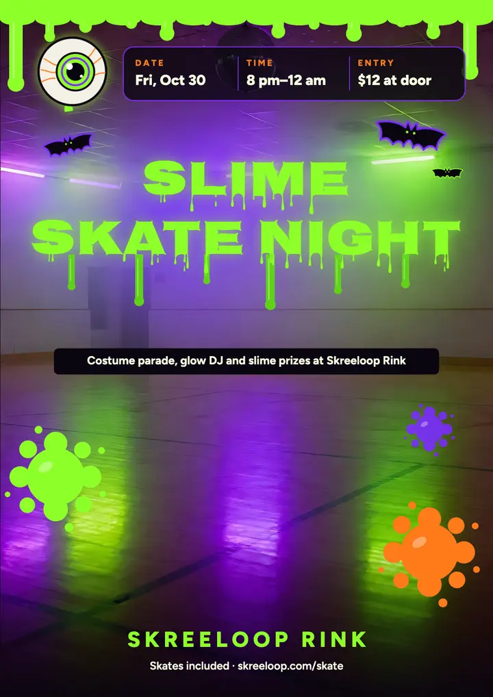 Slime skate night Halloween flyer, glow rink template