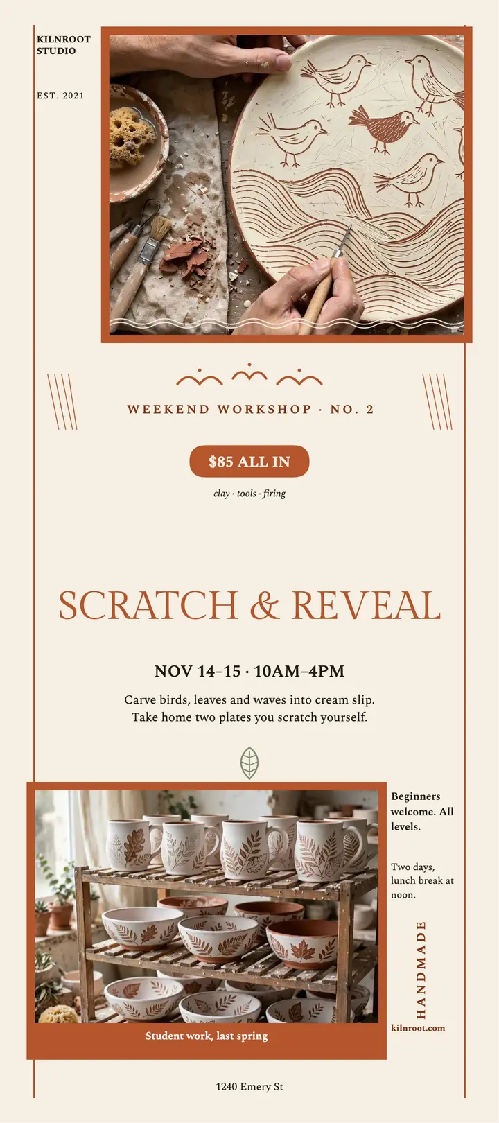Kilnroot sgraffito pottery weekend rack card template
