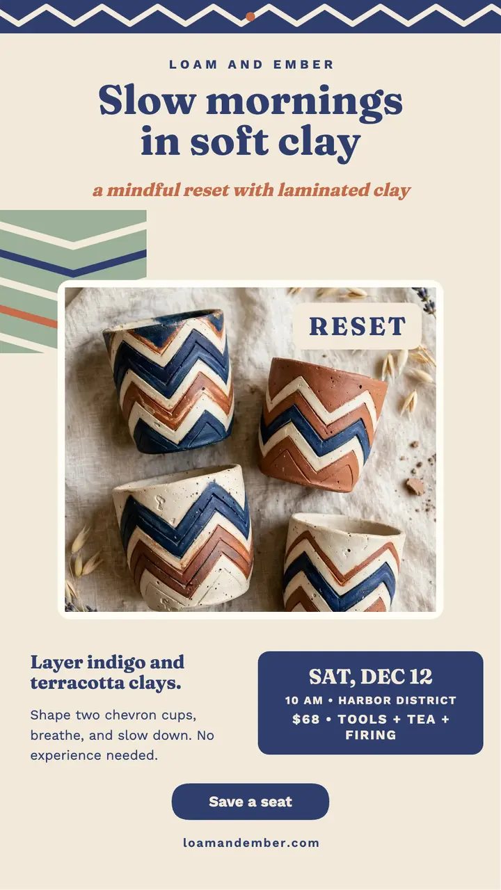 Slow clay reset story, pottery workshop template