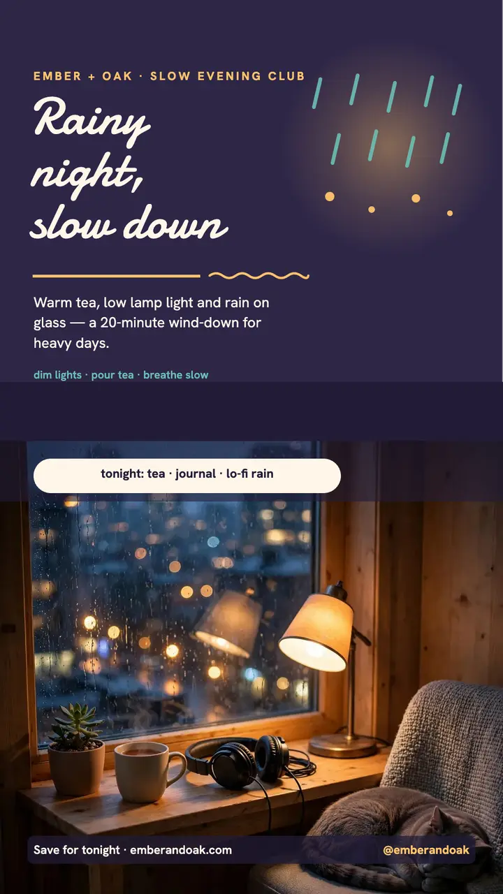 Slow Evening Club rainy wind-down story template