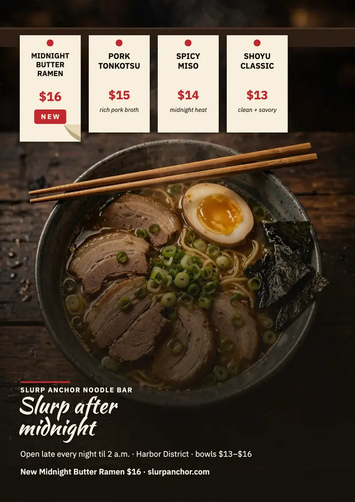 Slurp Anchor late-night ramen flyer template