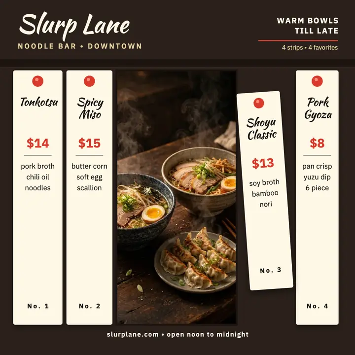 Slurp Lane ramen strip wall menu template