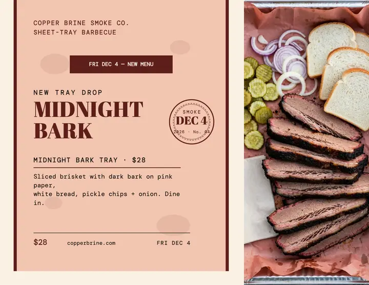 Copper Brine Midnight Bark Tray launch flyer template