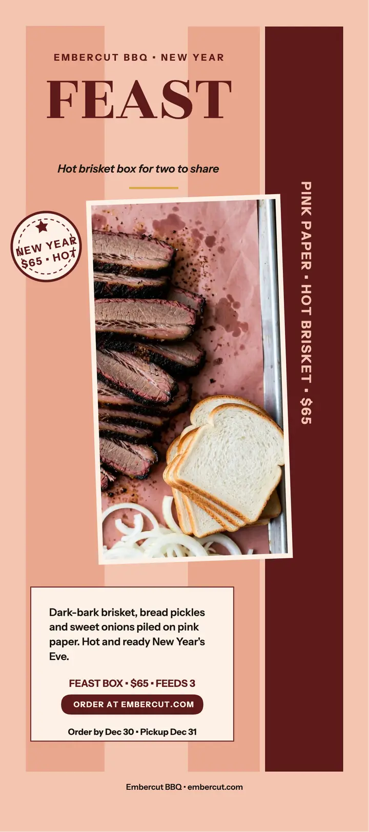 Embercut New Year brisket feast rack card template
