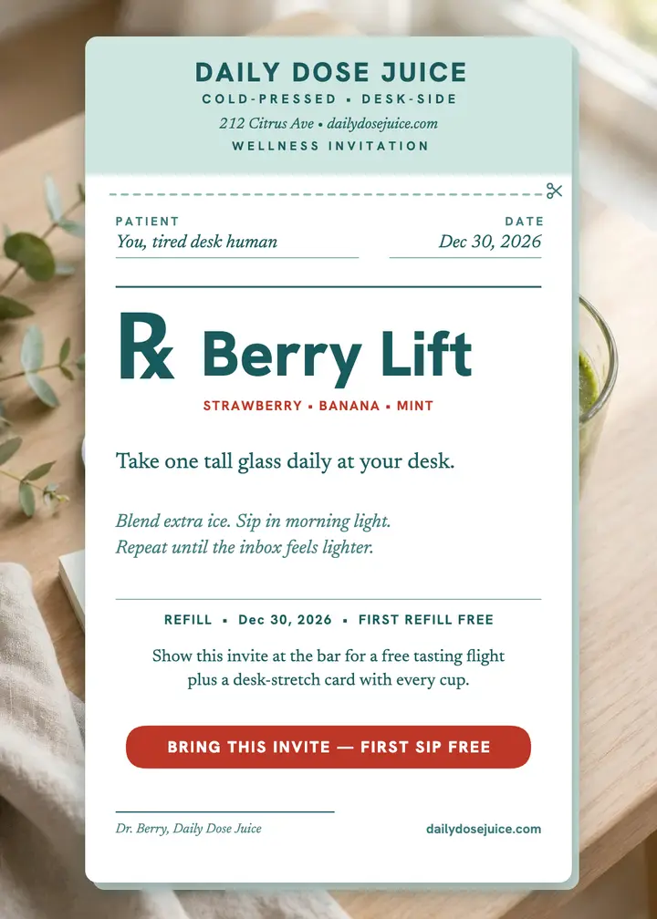 Berry smoothie Rx pad invite: wellness invitation template