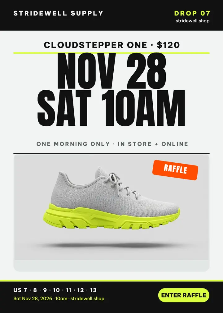 Stridewell Cloudstepper One drop invitation: sneaker release invitation template