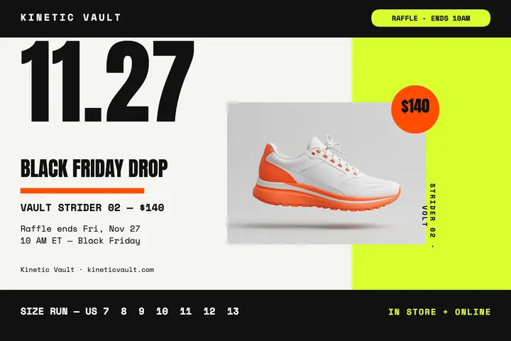 Kinetic Vault sneaker drop postcard template