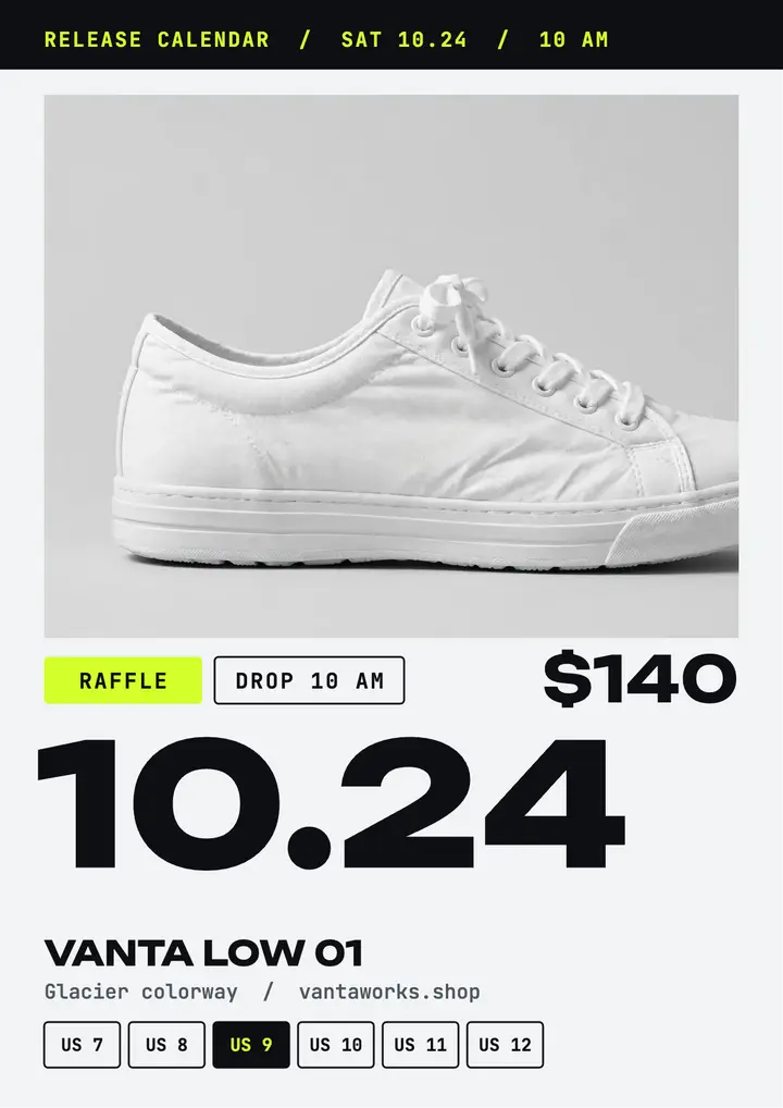 Vantaworks Vanta Low 01 release flyer: sneaker release flyer template