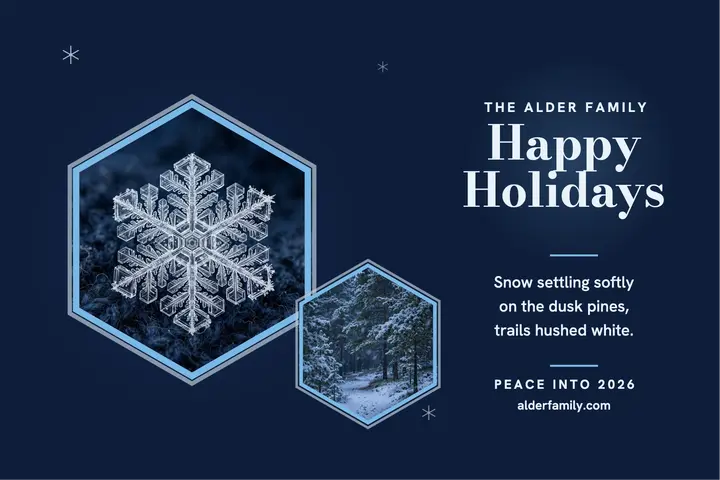 Alder family snow crystal holiday postcard: holiday postcard template