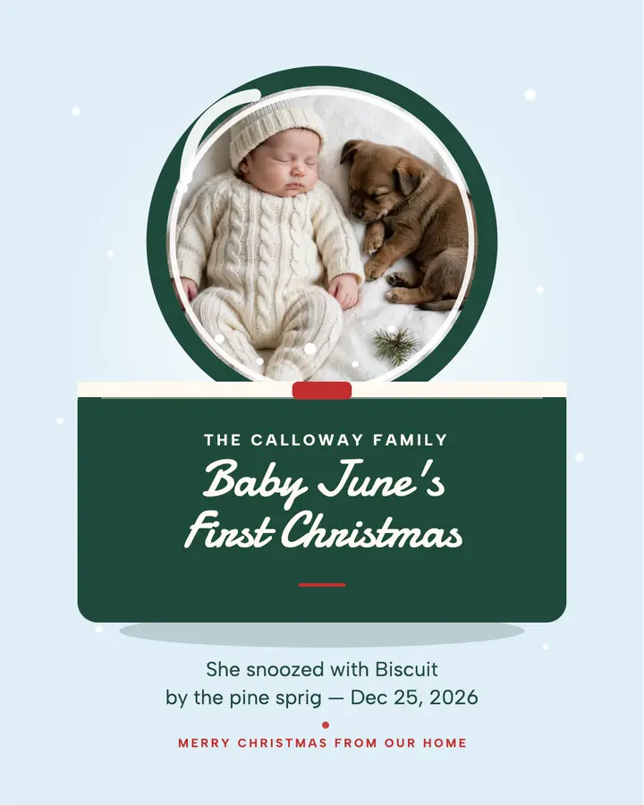 Baby June first Christmas snow globe: baby first christmas post template