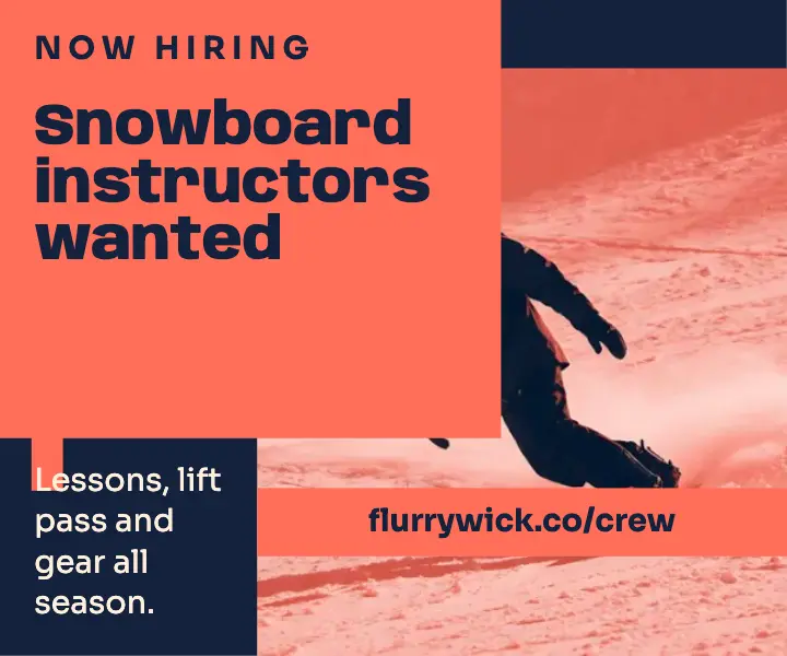 Flurrywick snow school hiring duotone ad: snowboard instructor hiring ad template
