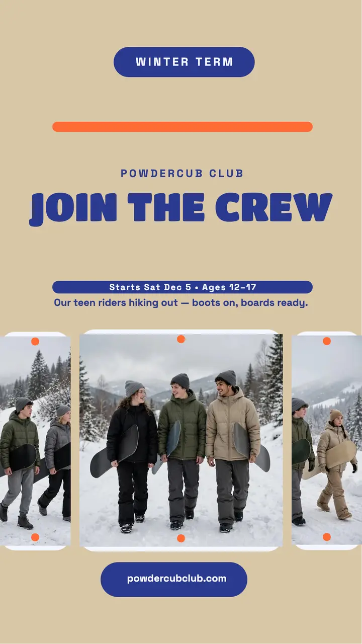 Powdercub Club snowboard crew story template