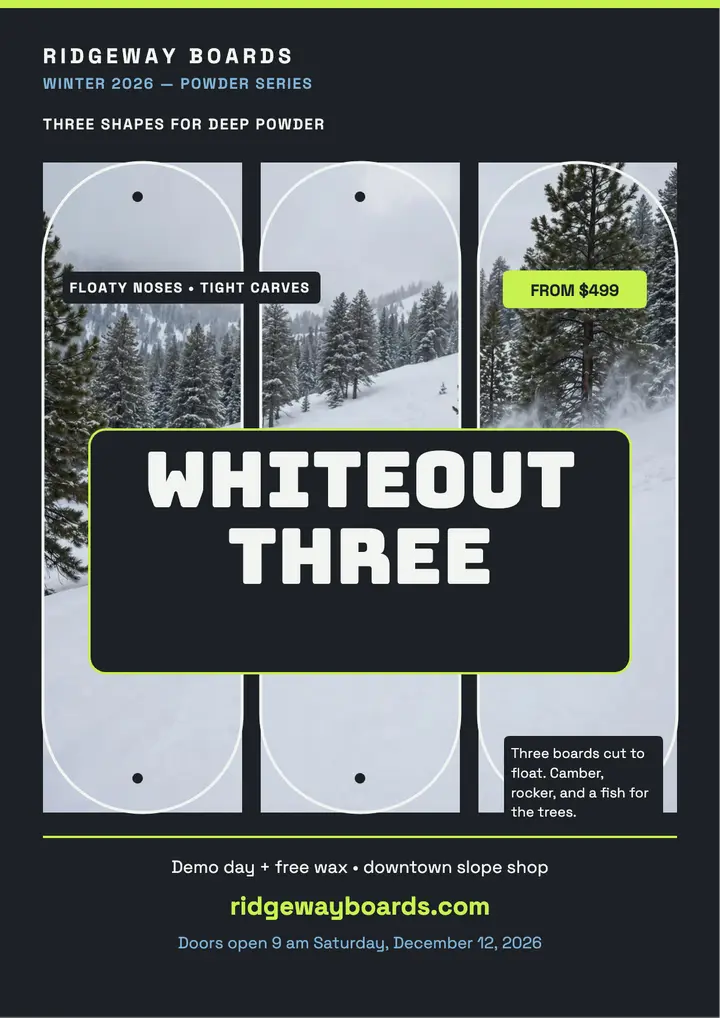Ridgeway Boards Whiteout Three drop flyer: snowboard drop flyer template