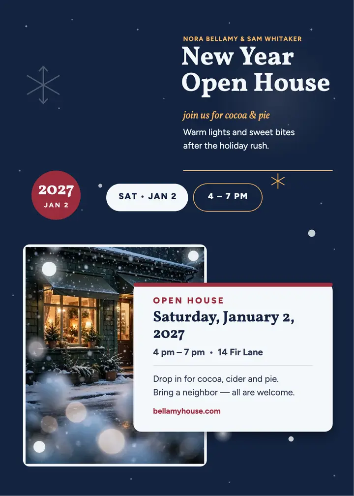 Snowy night New Year open house invitation template