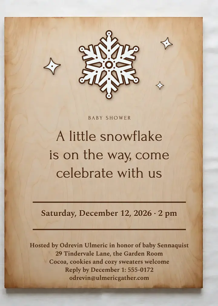 Winter baby shower invitation, laser-cut wood snowflake: baby shower invitation template