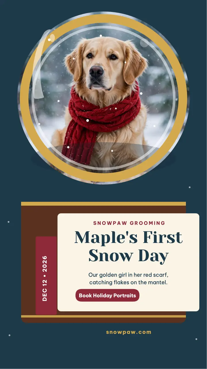 Snowpaw snow globe holiday story, golden retriever: dog holiday story template