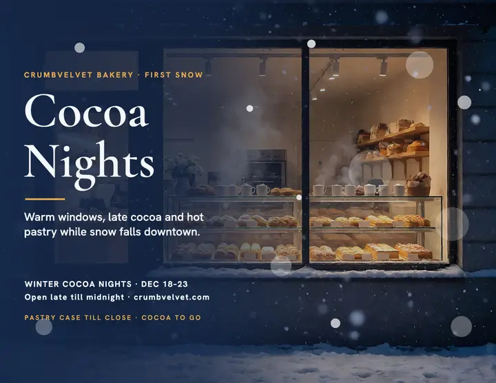Crumbvelvet snowy cocoa night flyer: bakery holiday flyer template