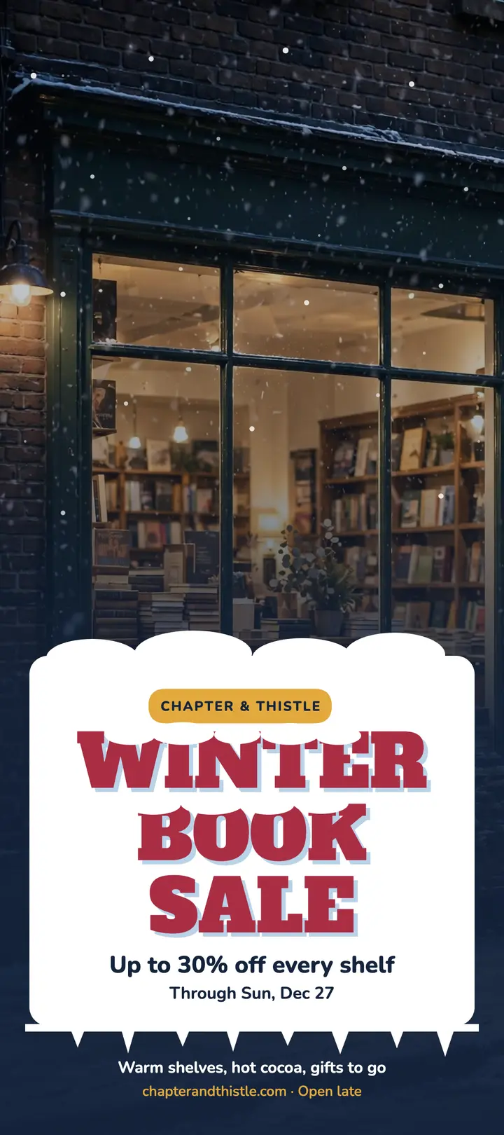 Chapter and Thistle winter book sale rack card template