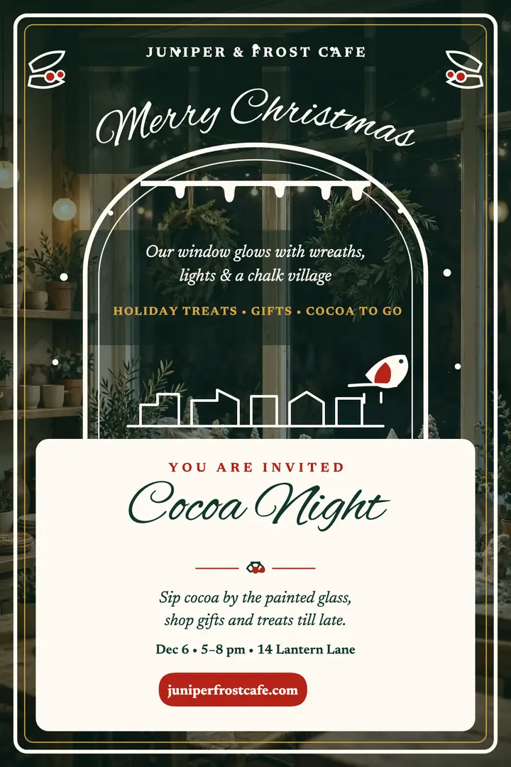 Juniper and Frost snowy window cafe poster template