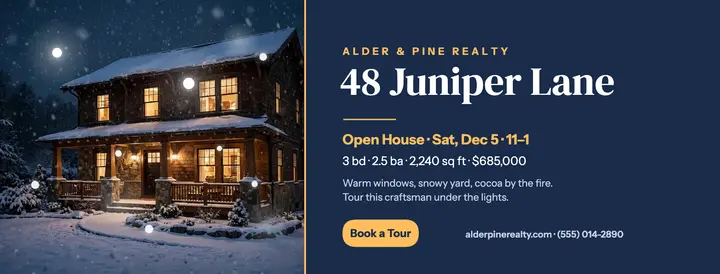 Snowy night house listing cover, Alder and Pine template