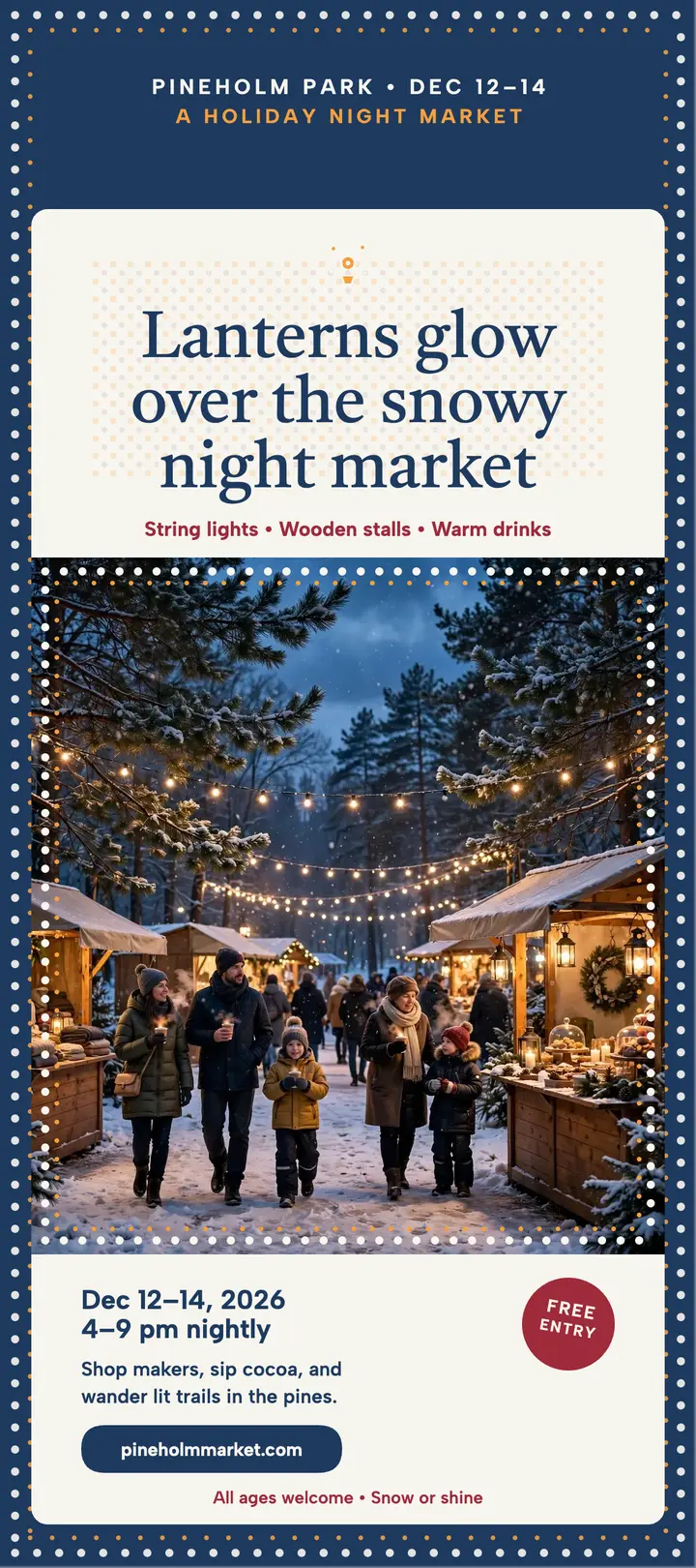 Pineholm Night Market snowy rack card template