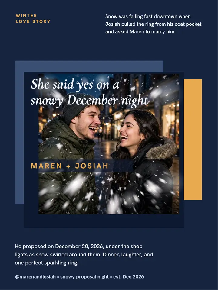 Snowy night proposal portrait, Maren and Josiah template