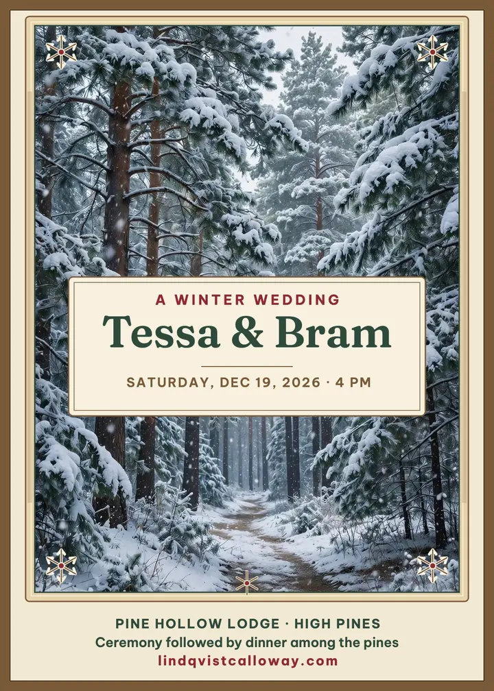 Birch winter wedding invitation, Tessa and Bram template