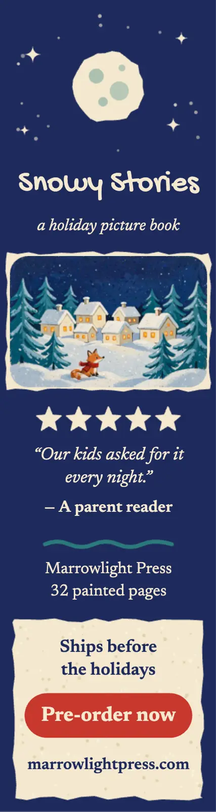 Snowy Stories holiday picture book review skyscraper ad template