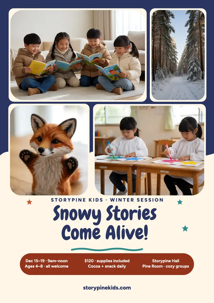 Storypine snowy story camp flyer template