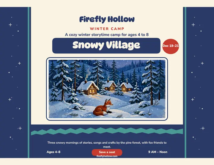 Firefly Hollow snowy village camp flyer template