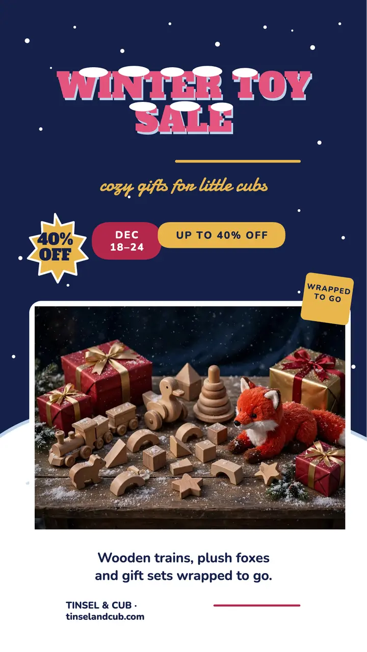 Tinsel and Cub winter toy sale story template