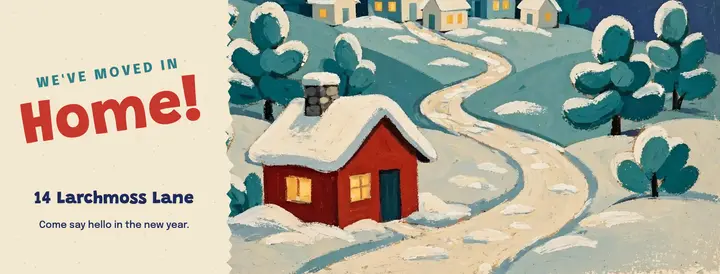 New home address announcement snowy village gouache cover: new address announcement cover template